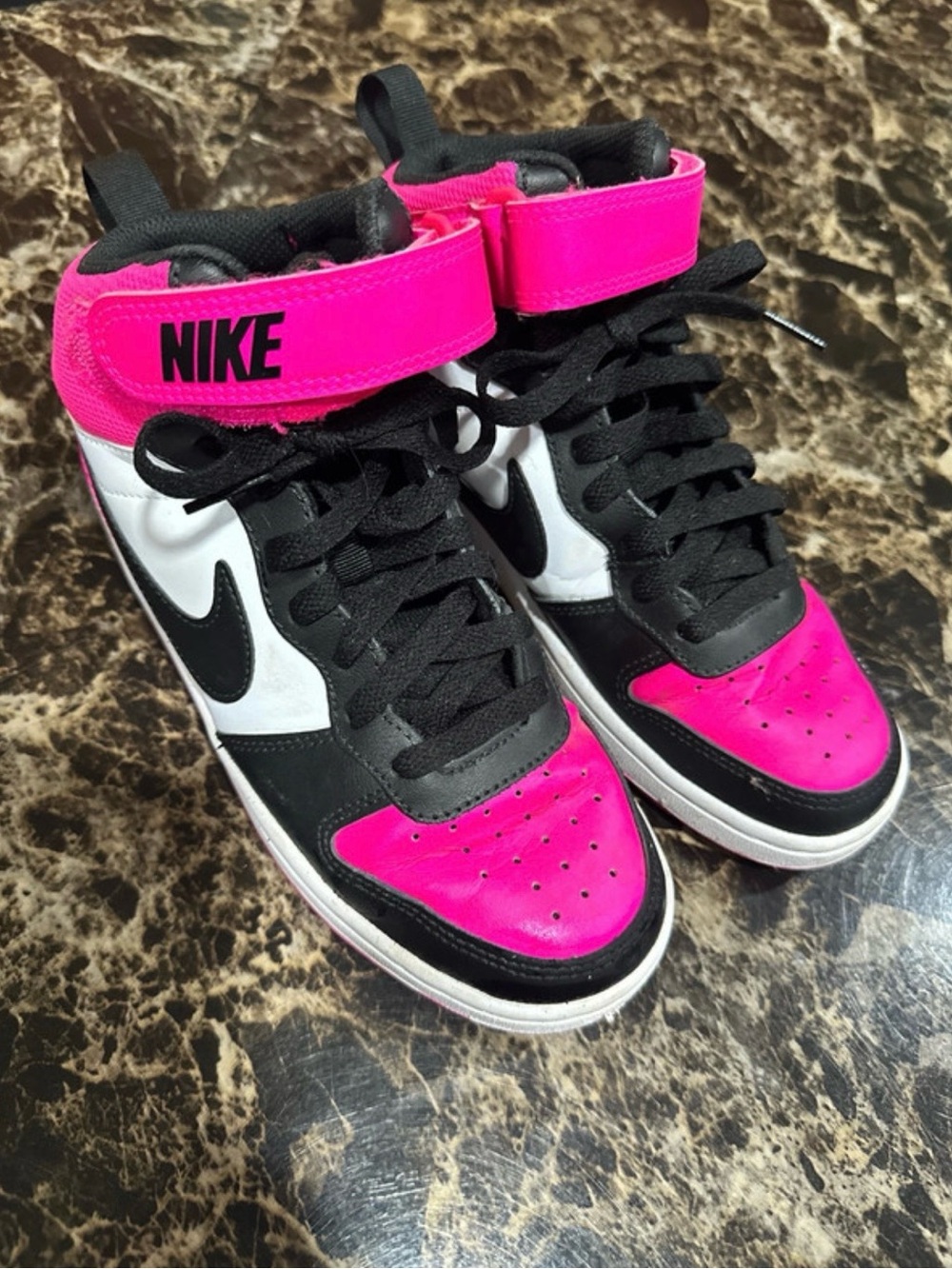Nike Kids High-Top Sneakers in Bright Pink, Black & White
